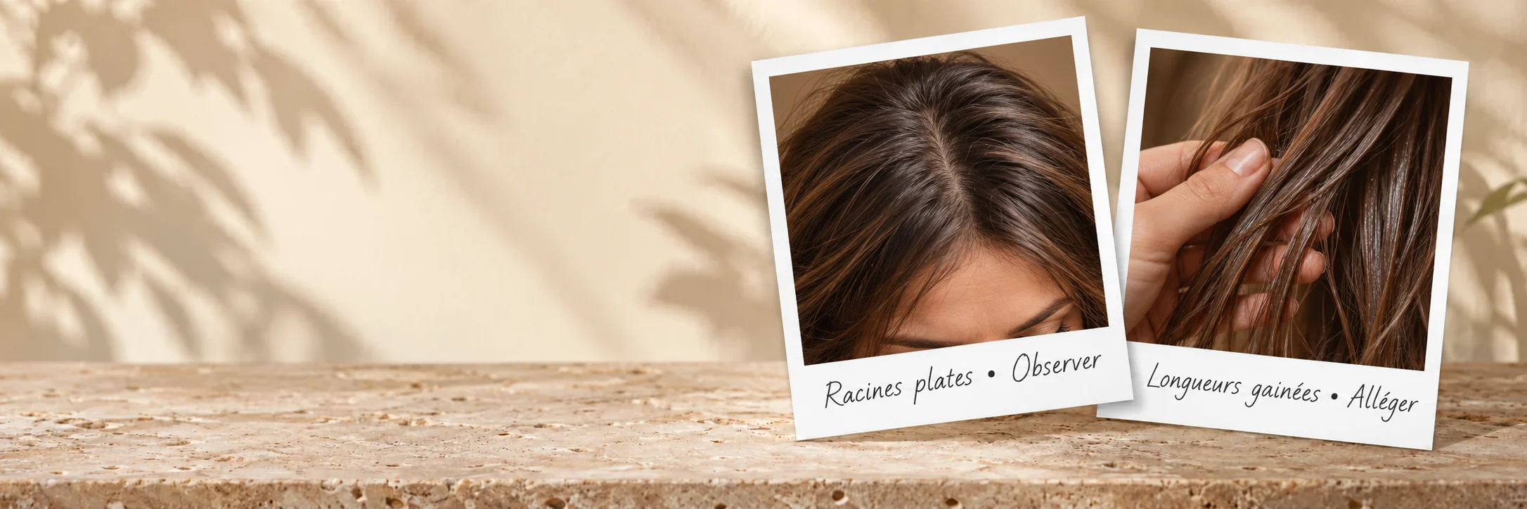 Deux photos encadrées montrent des racines brunes peu soulevées et des longueurs regroupées après plusieurs soins, légendées Racines plates et Longueurs gainées