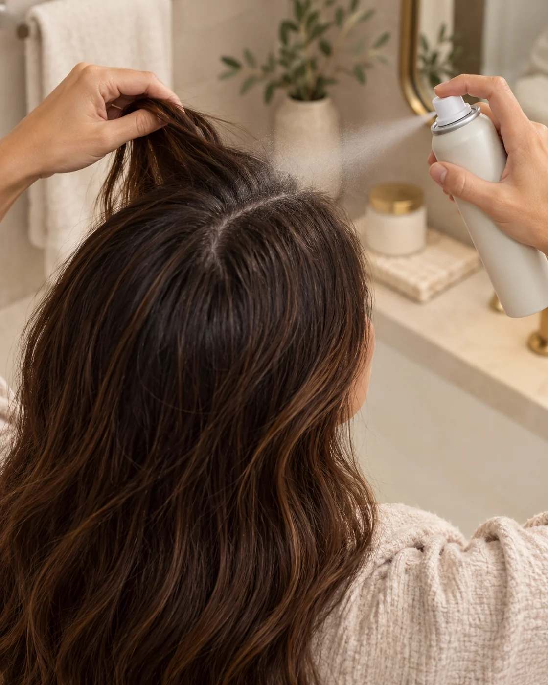 Application mesurée de shampooing sec à distance de racines brunes, sans squames visibles