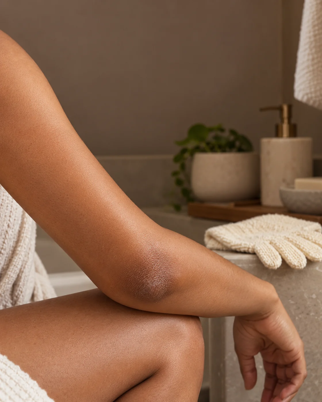 Coude brun et avant-bras visibles près d’un gant exfoliant posé à distance, sans frottement de la peau