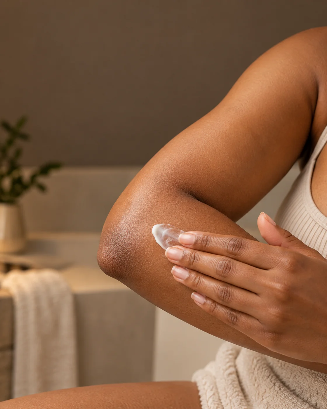 Main étalant une petite touche de crème sur la pointe d’un coude brun, avec le bras et l’avant-bras identifiables