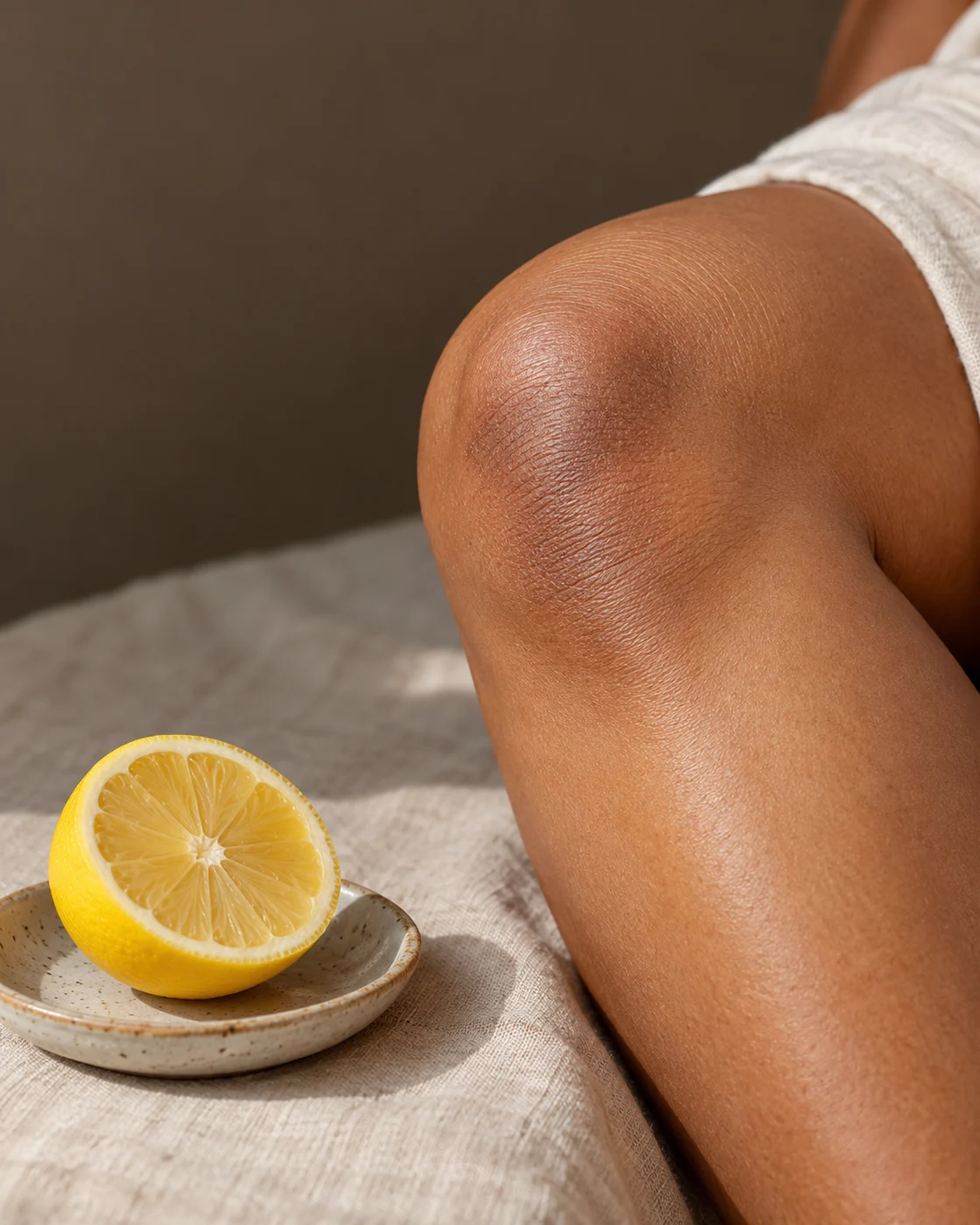 Citron posé sur une coupelle près d’une jambe, sans application de jus sur la peau