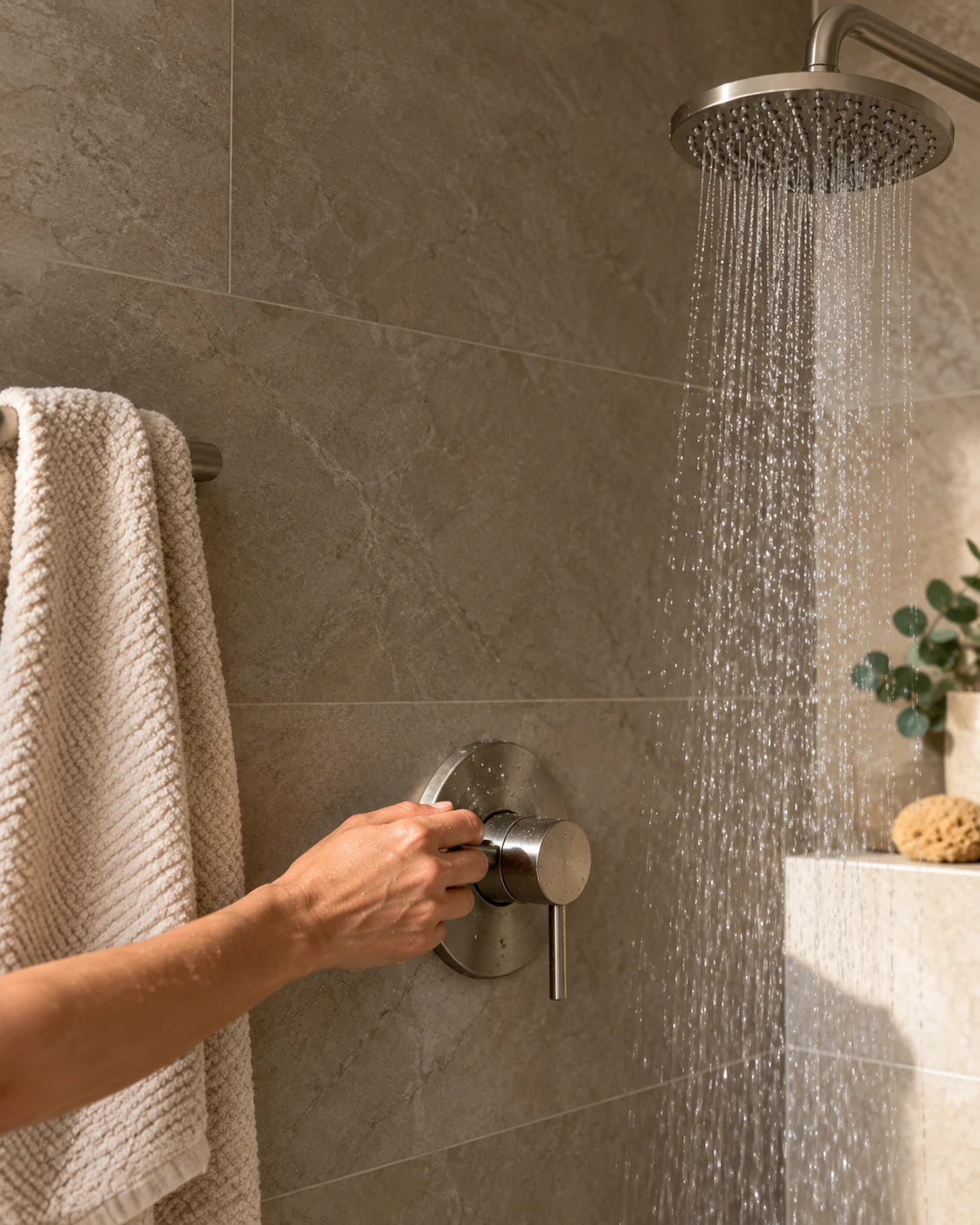 Main réglant le robinet d’une douche