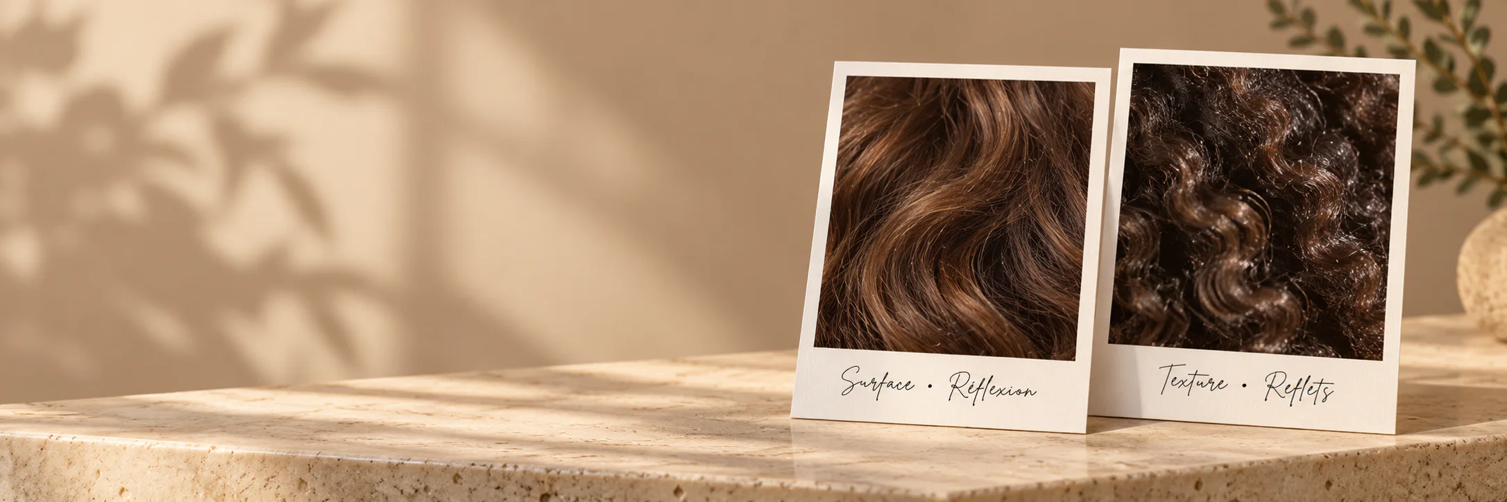 Deux photos encadrées comparent des longueurs brunes à réflexion diffuse et des cheveux texturés aux reflets naturels, sur un décor beige lumineux