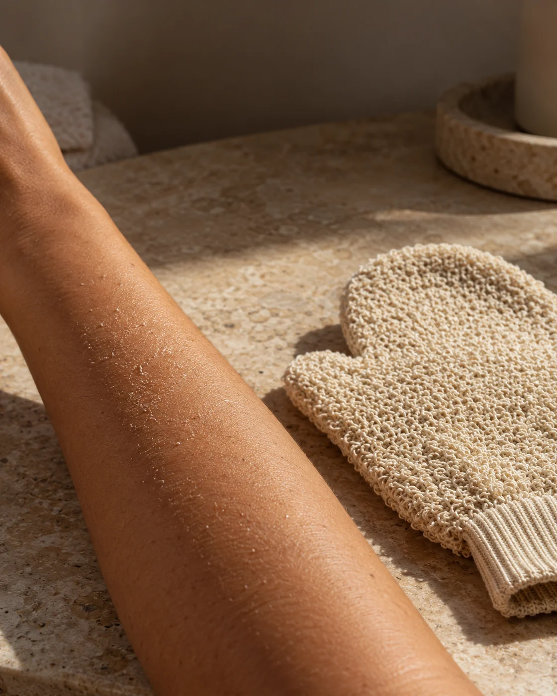 Gant exfoliant posé près d’un avant-bras légèrement sec, sans frottement ni lésion visible