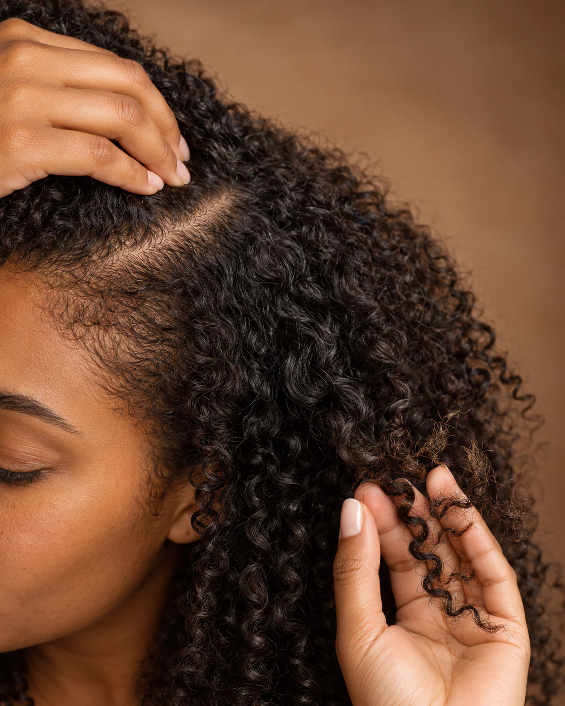 Femme aux cheveux bouclés montrant une raie avec de courtes repousses et des extrémités fragilisées