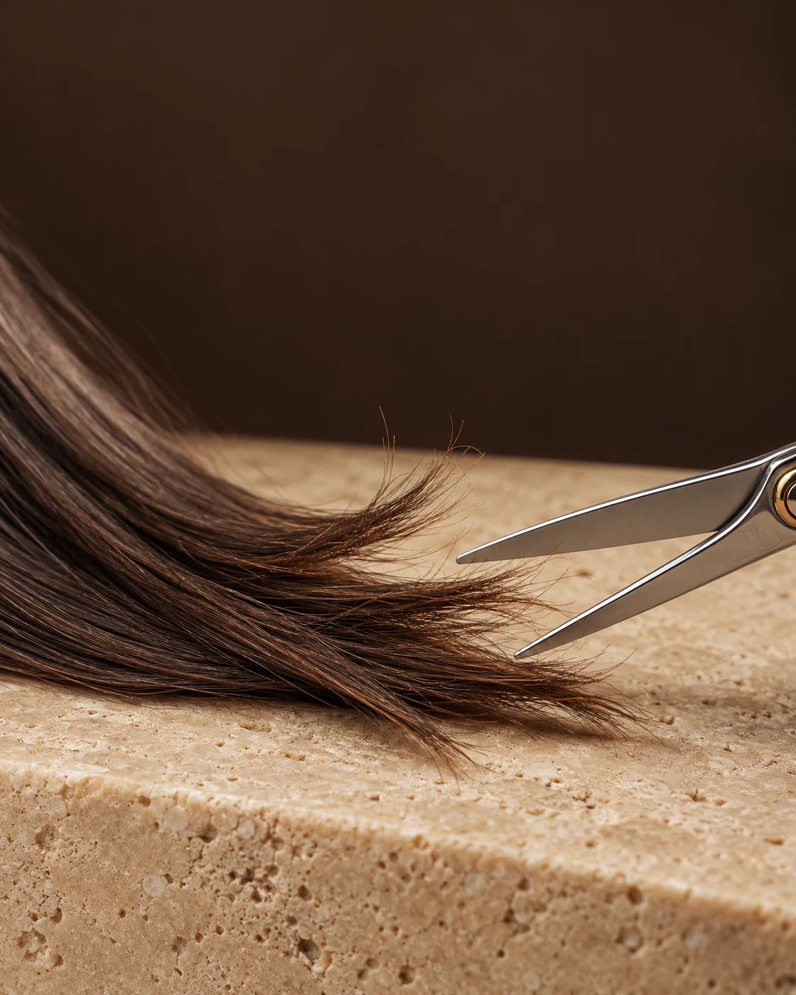 Ciseaux de coiffure près de pointes brunes légèrement divisées sur une surface en pierre beige