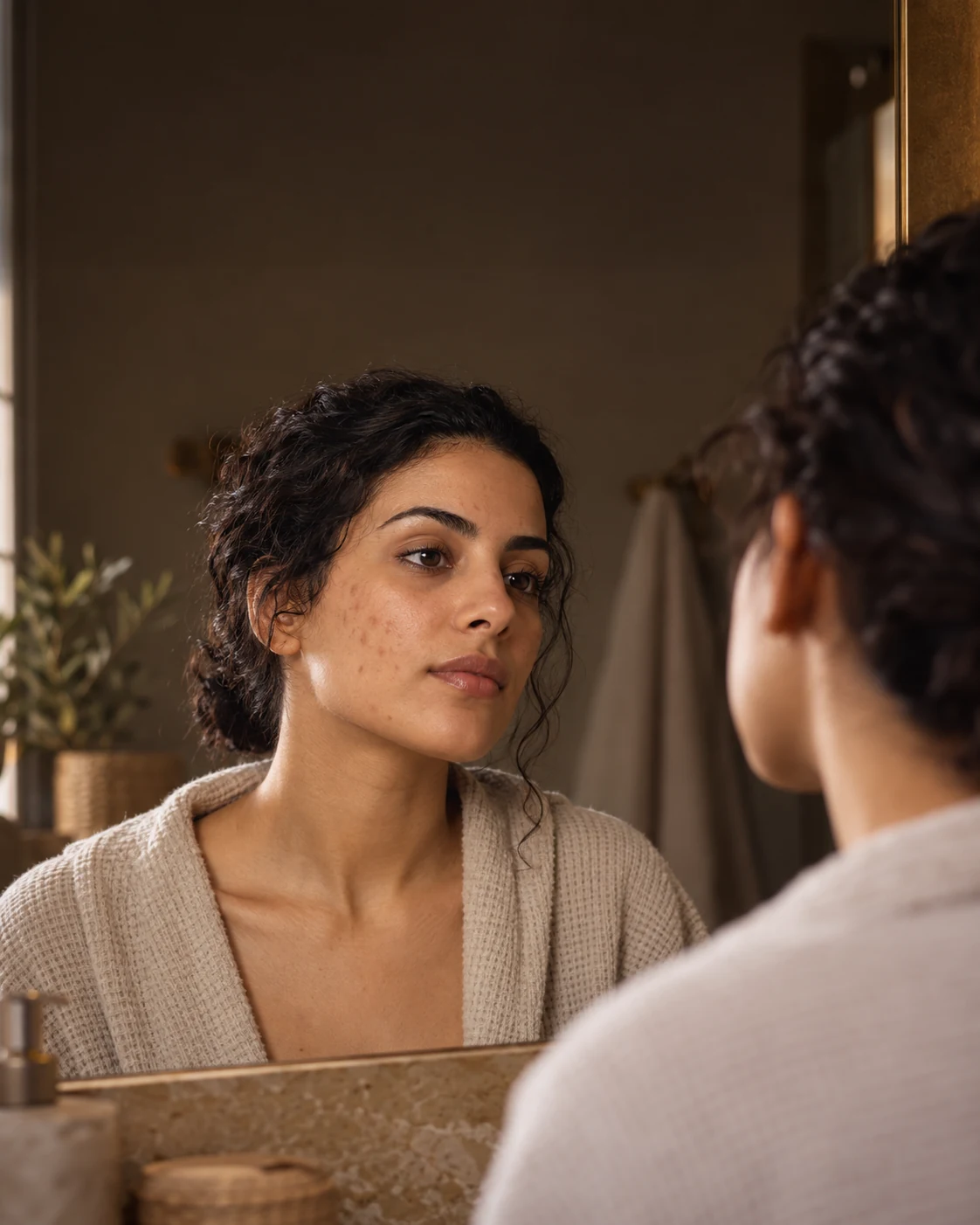Femme adulte observant de discrètes marques sur sa joue dans un miroir