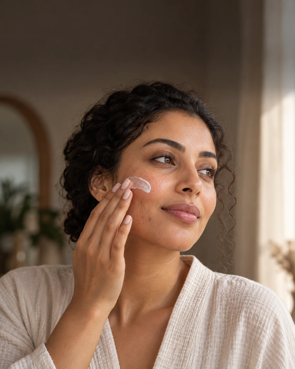 Femme adulte appliquant doucement une crème solaire sur sa joue